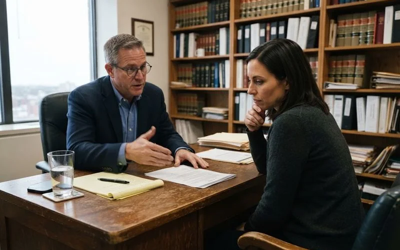 An estate planning attorney and a client sitting at a desk reviewing paperwork together during a consultation