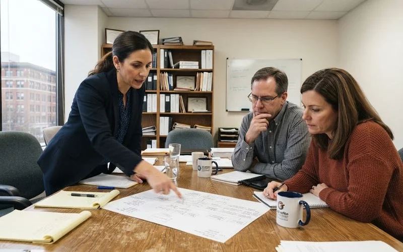 A business owner and an attorney sitting together at a conference table reviewing a printed succession plan document with charts and notes