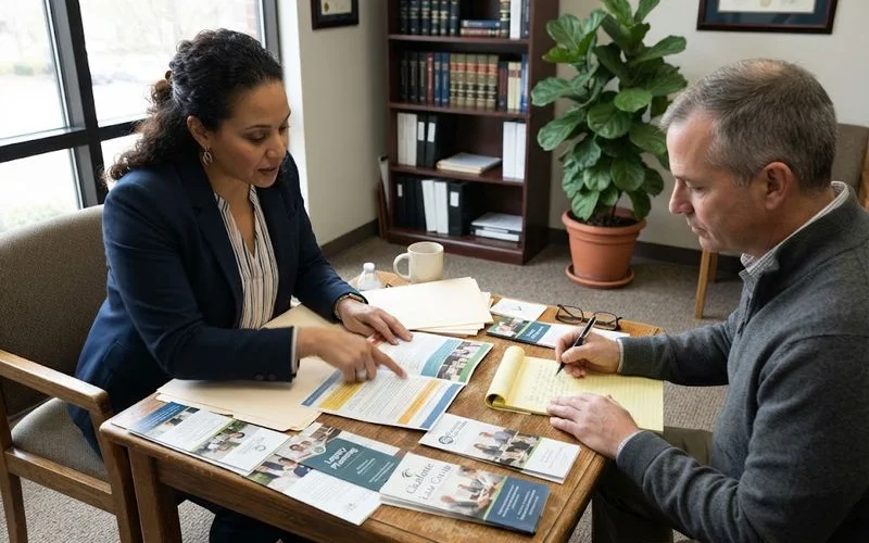 A person compares printed profiles of several Charlotte estate planning attorney firms spread across a desk while reviewing a laptop screen.