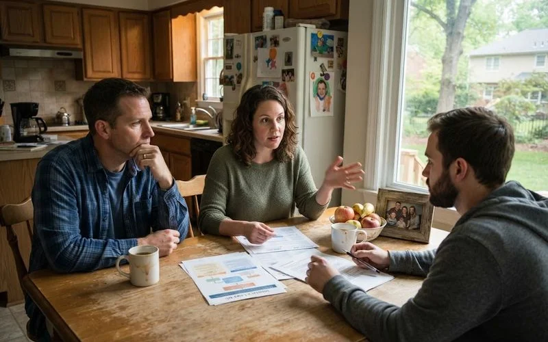 A family looking over legal paperwork at a kitchen table, discussing inheritance and estate planning decisions