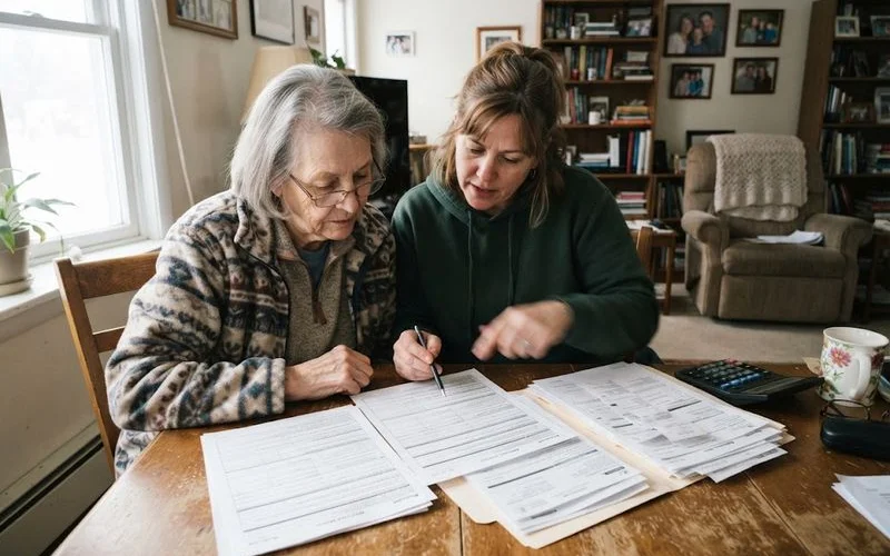 An adult child sitting beside an aging parent at a kitchen table, reviewing long-term care and Medicaid planning paperwork together carefully