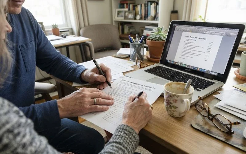 A young couple sitting at a table with basic estate planning documents and a laptop, getting started for the first time