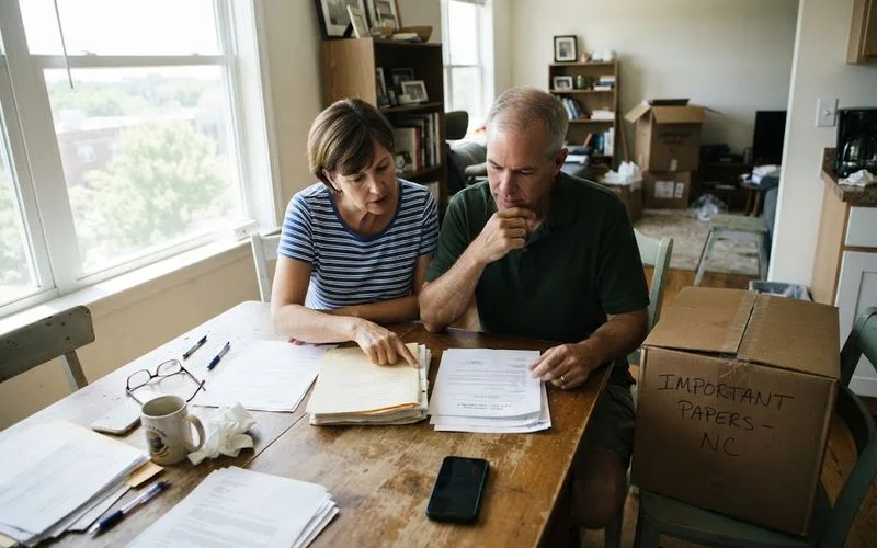 Moving boxes next to a folder of estate planning documents, representing a move to North Carolina and updating a plan