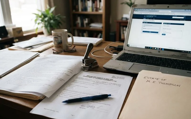 A stack of estate documents and a pen on a desk representing the paperwork involved in North Carolina probate